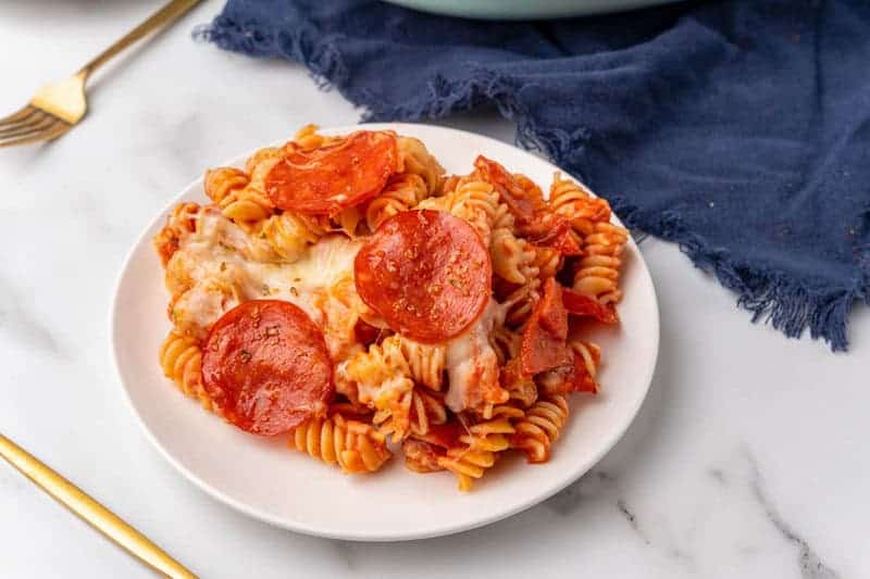 Pepperoni Pizza Casserole served on a white plate.