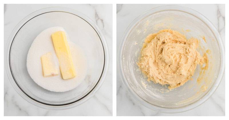 mixing together the butter and sugar together in a glass bowl.