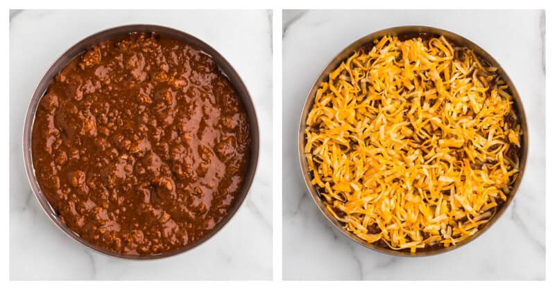 adding the chili and the cheddar cheese on top of the cream cheese.