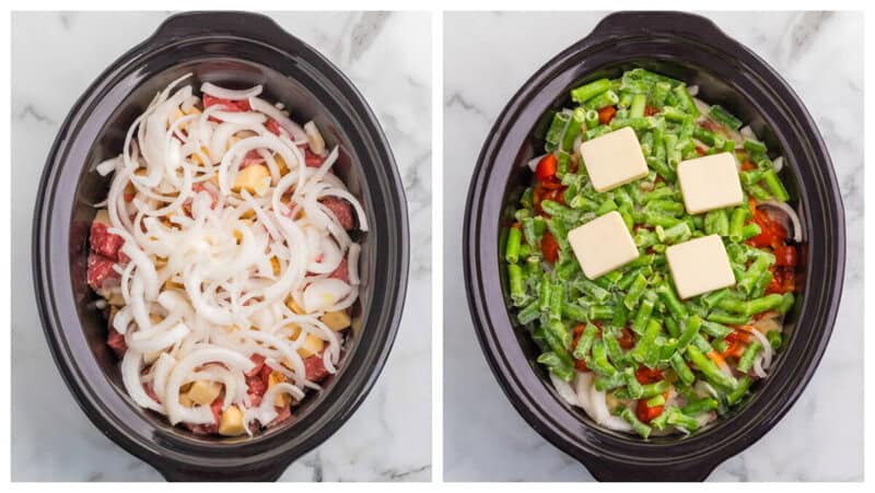 adding the onions, green beans and butter to the slow cooker.