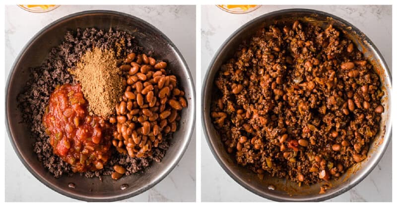 ground beef, seasoning, beans and salsa in a skillet cooking together.
