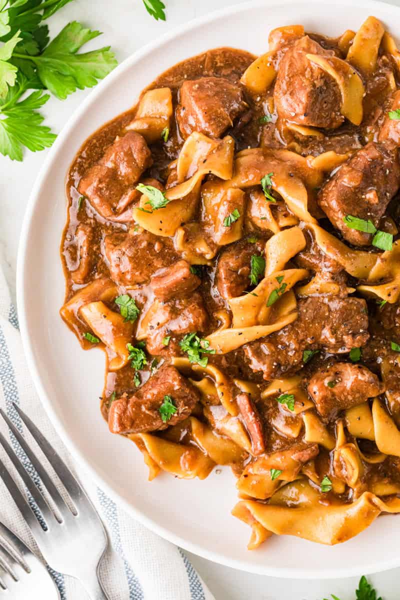top-down view of the Slow Cooker Beef and Noodles.