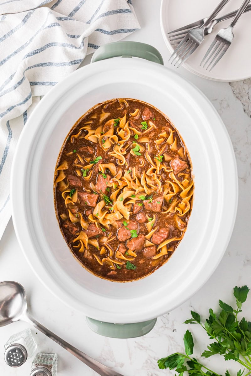 the Beef and Noodles cooked in the slow cooker.