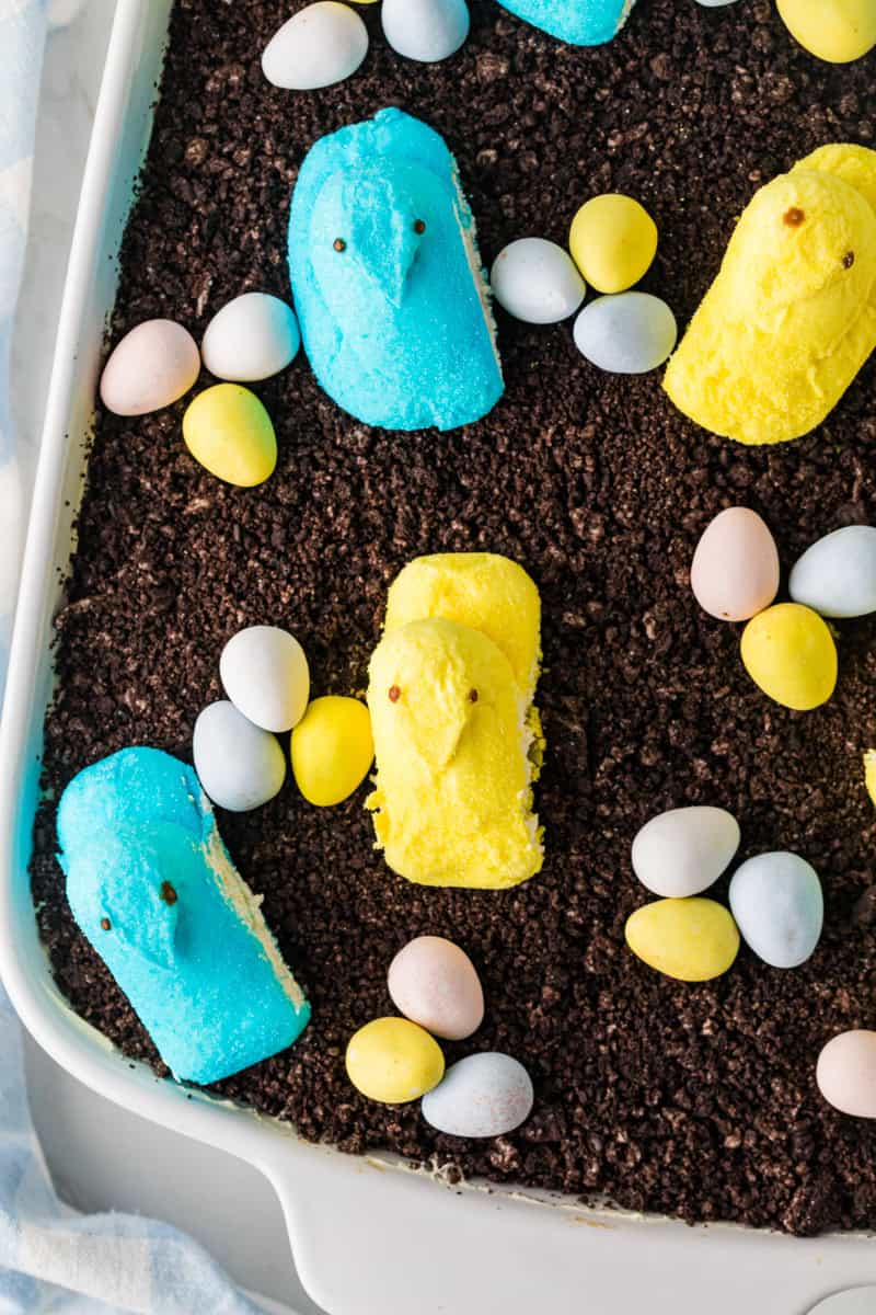 closeup of Easter Dirt Cake topped with candies.