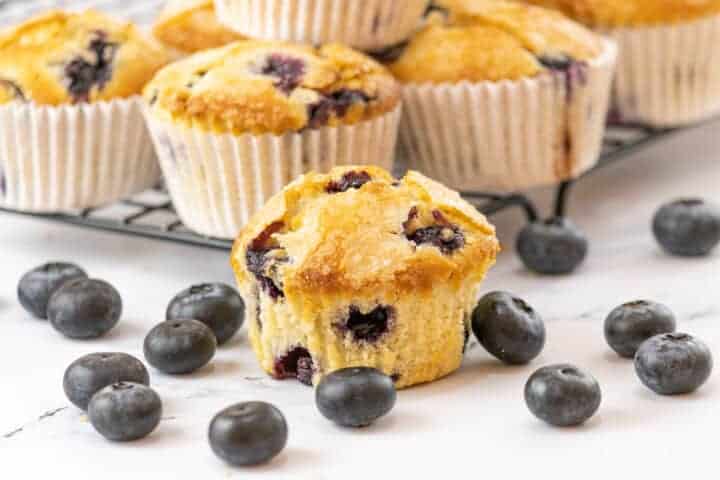 closeup of Blueberry Muffins on wire rack.