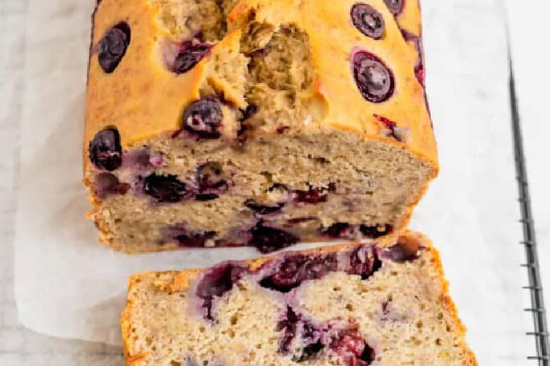 Blueberry Banana Bread sliced open.