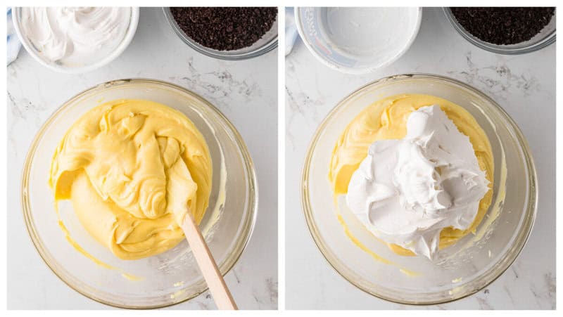mixing the pudding and cool whip together.