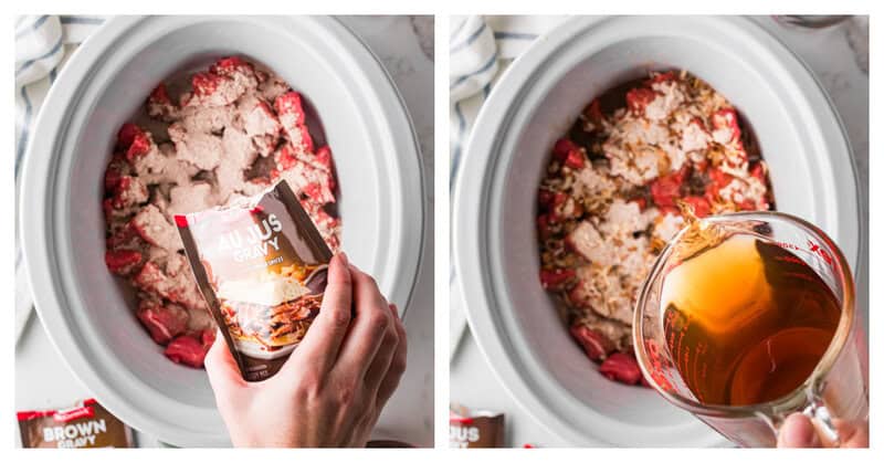 adding the ingredients to the slow cooker.