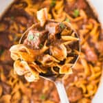 slow cooker beef and noodles recipe card