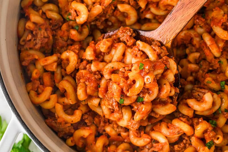 top-down view of the homemade Beefaroni.