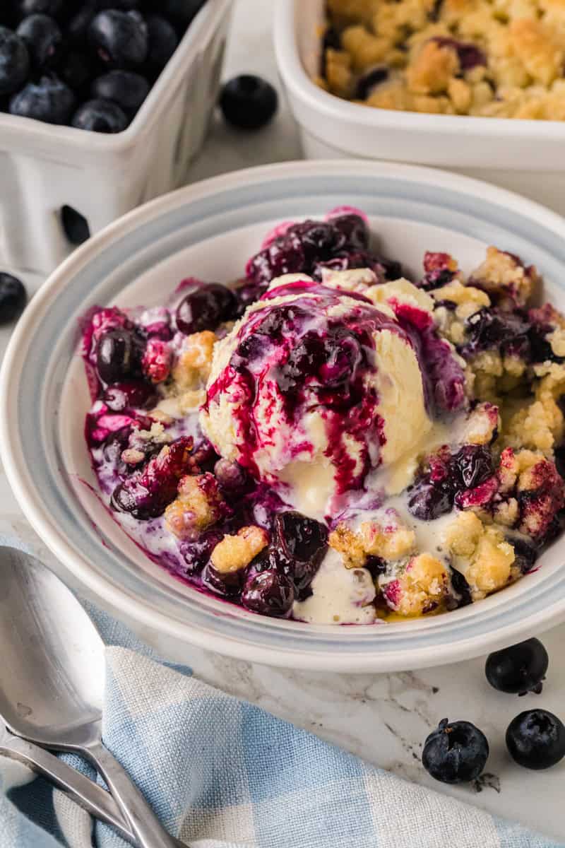 closeup of the Blueberry Cobbler served with ice cream.