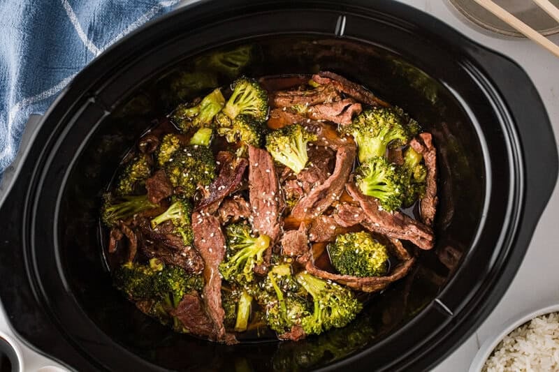 top-down view of the Beef and Broccoli in the slow cooker.