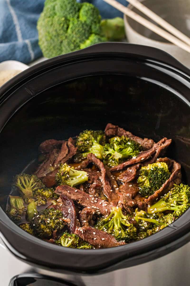 closeup of the Beef and Broccoli in the slow cooker.