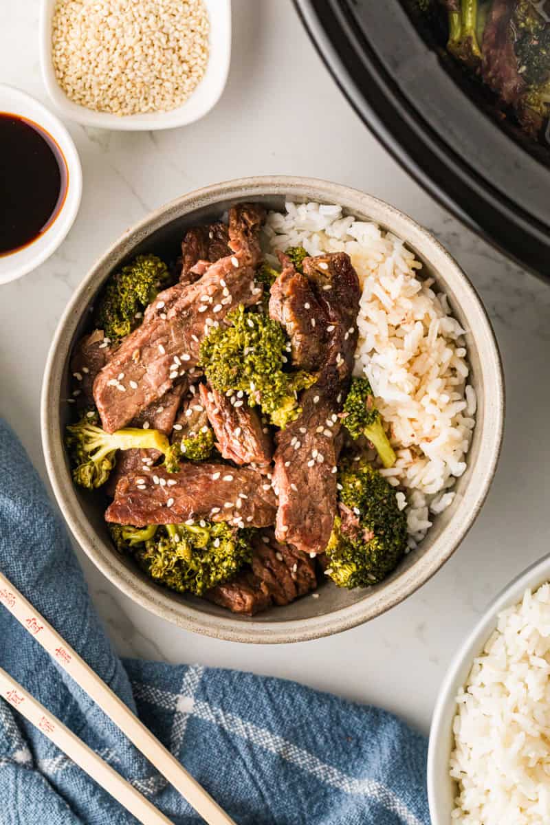 top-down view of the Beef and Broccoli served in a bowl with rice.