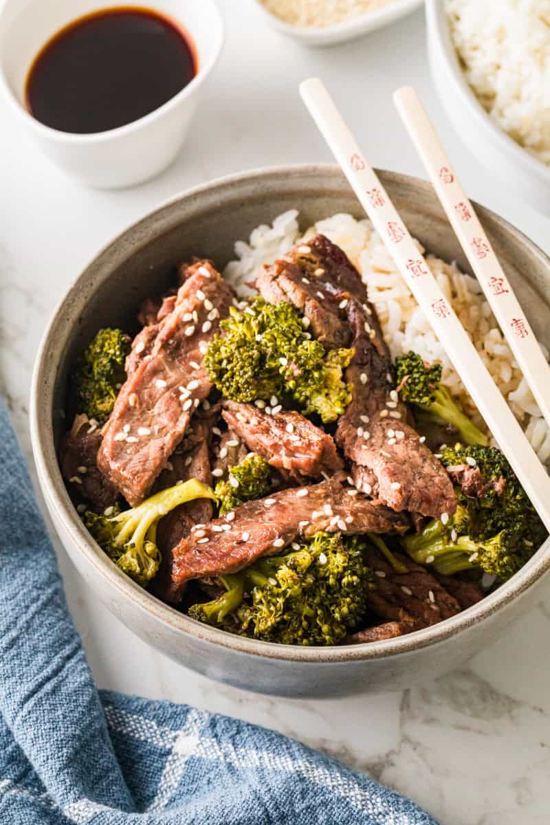 another closeup of the Beef and Broccoli served in rice.