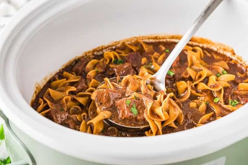 closeup of the Slow Cooker Beef and Noodles.