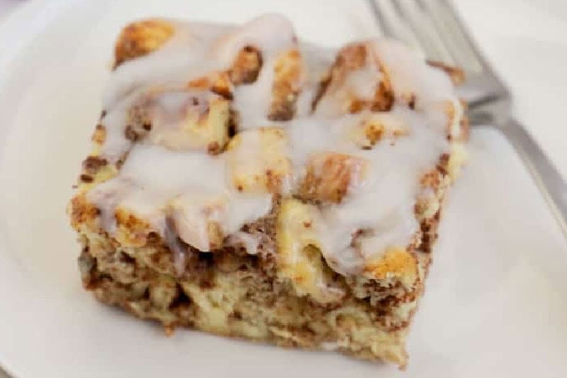closeup of the Cinnamon Roll Breakfast Casserole.