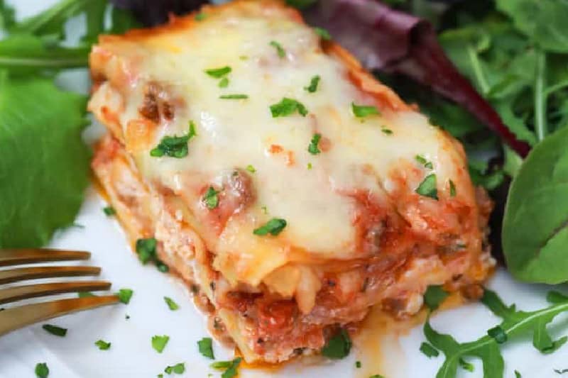 closeup of a slice of the Lasagna.
