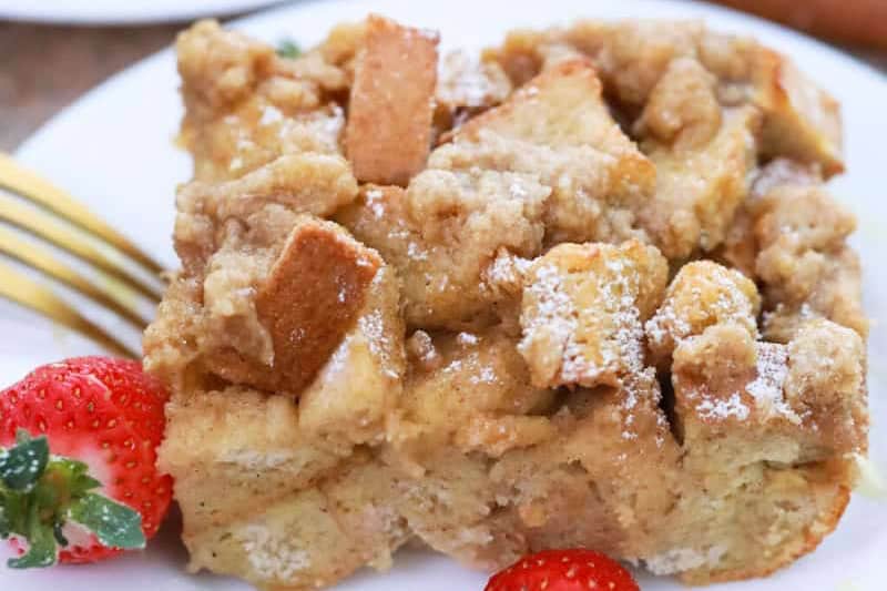 French Toast Casserole served on a white plate.