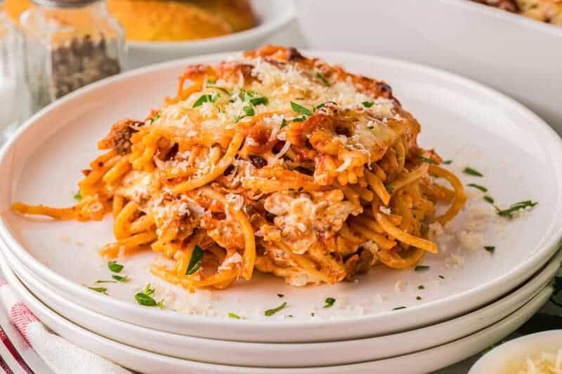 Million Dollar Spaghetti served on a white plate.