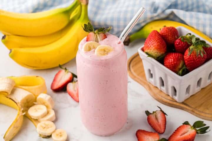 Strawberry Banana Smoothie in a glass.