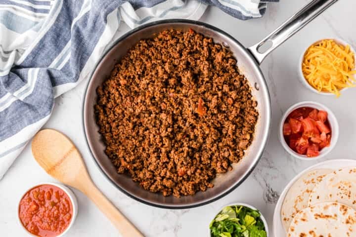 top-down view of the ground beef for tacos in the pan.