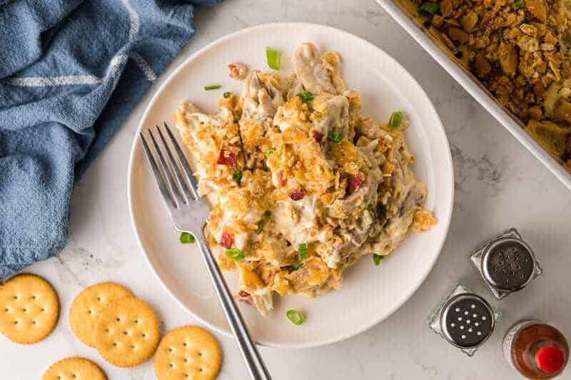 Million Dollar Chicken Casserole served on a white plate.