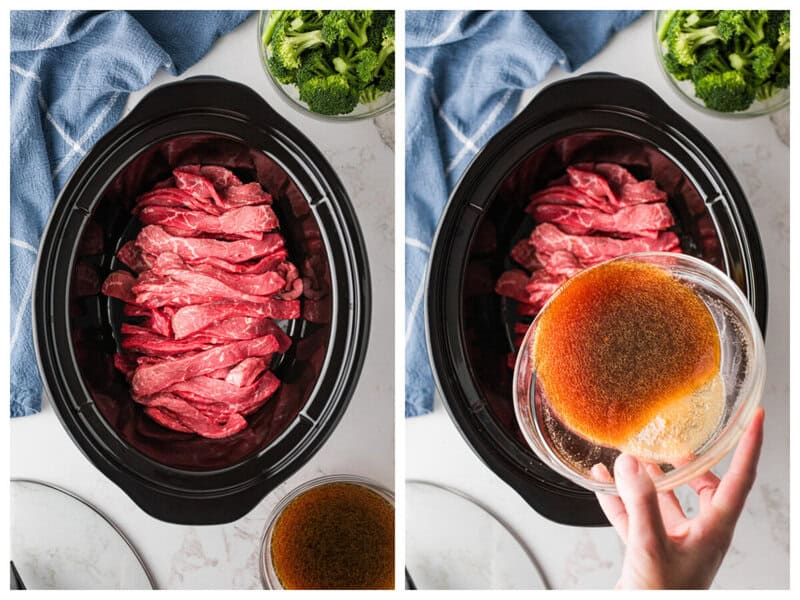 pouring the beef broth over the beef in the slow cooker.
