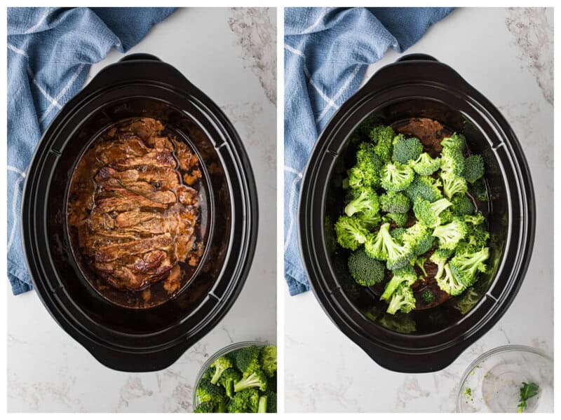 adding the broccoli on top of the beef.