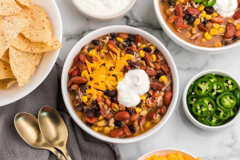 top-down view of a bowl of the 7 Can Taco Soup.