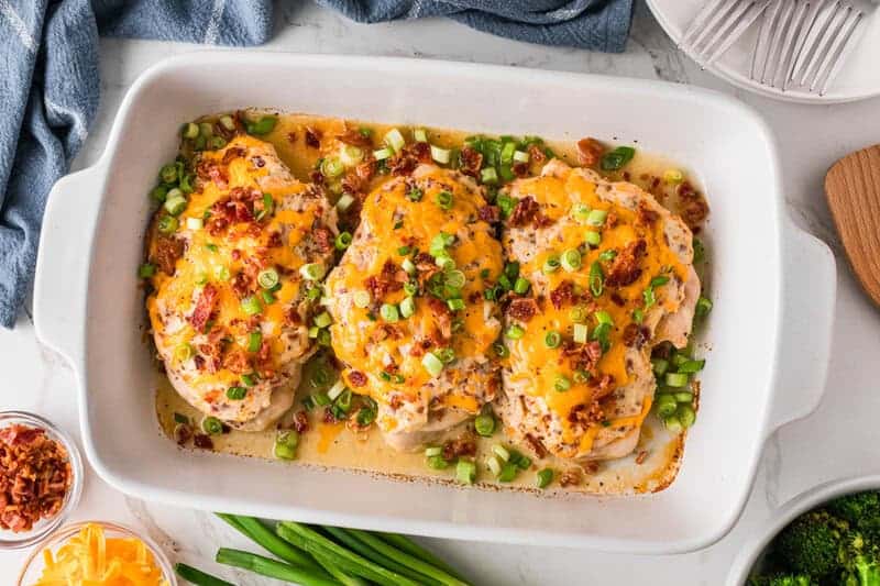 top-down view of the Baked Crack Chicken in a white baking dish.