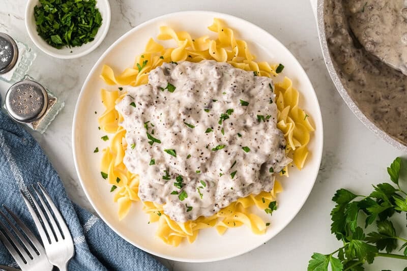 top-down view of the Ground Beef Stroganoff served on a white plate.