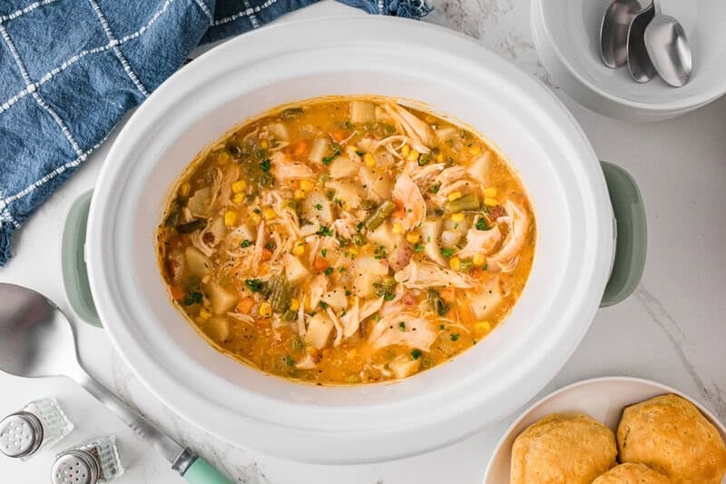 top-down view of the Slow Cooker Chicken Pot Pie in the crock pot.