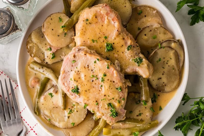 top-down view of the Slow Cooker Creamy Ranch and Potatoes served on a white plate.