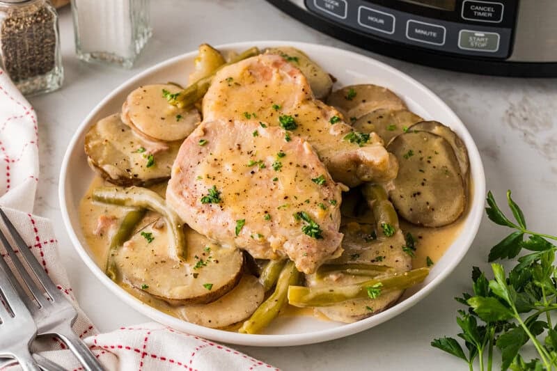 plate of the Slow Cooker Creamy Ranch Pork Chops and Potatoes.