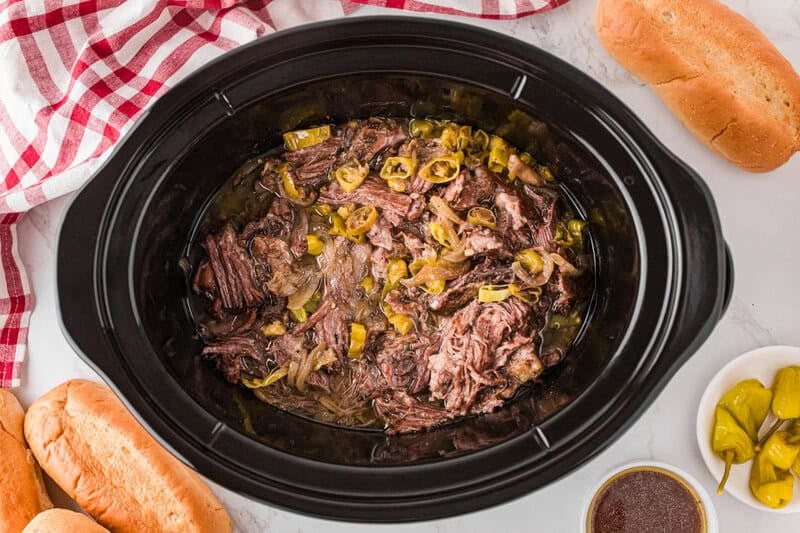 Top-down view of the Italian Beef in the slow cooker.