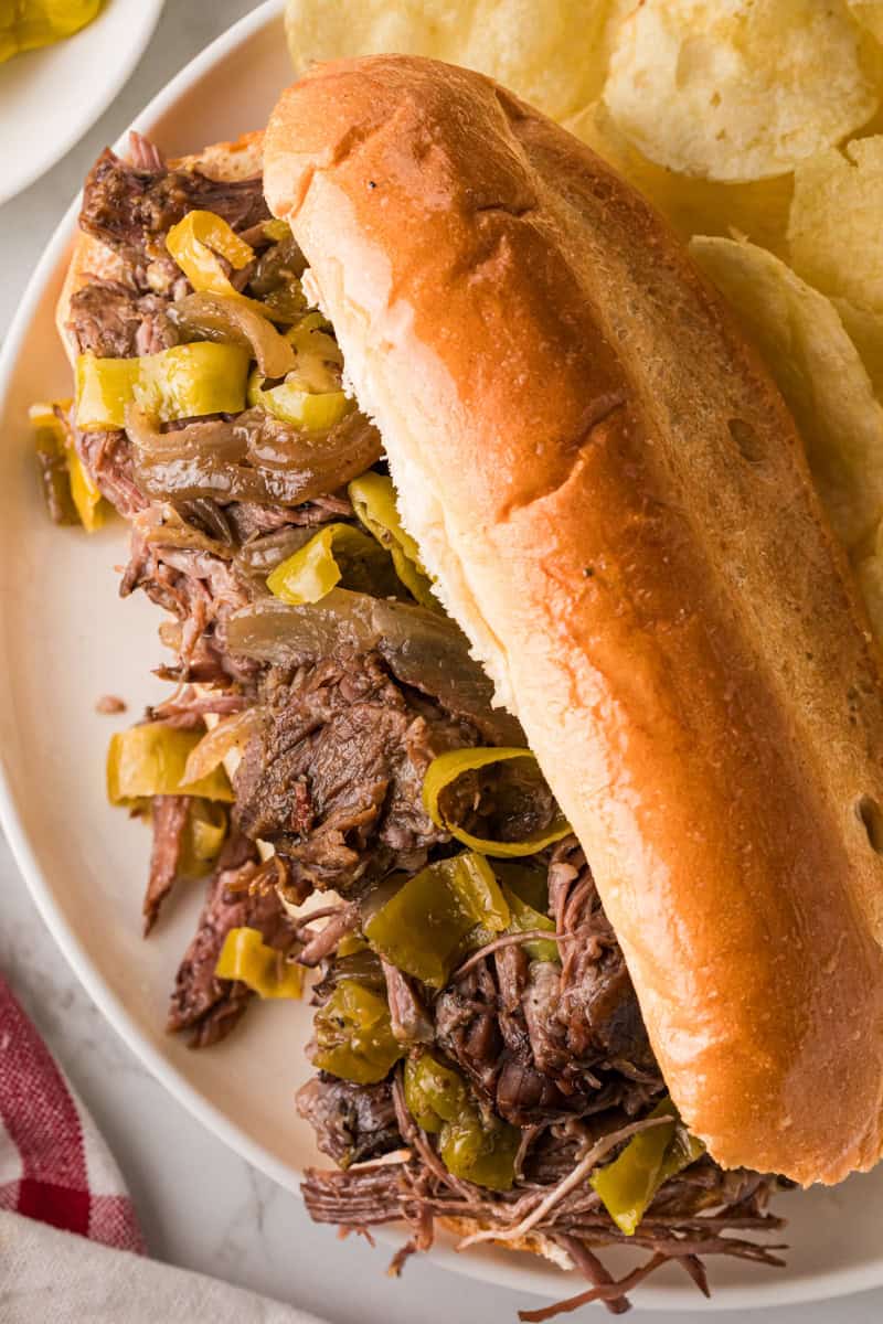 closeup of the Slow Cooker Italian Beef Sandwiches.