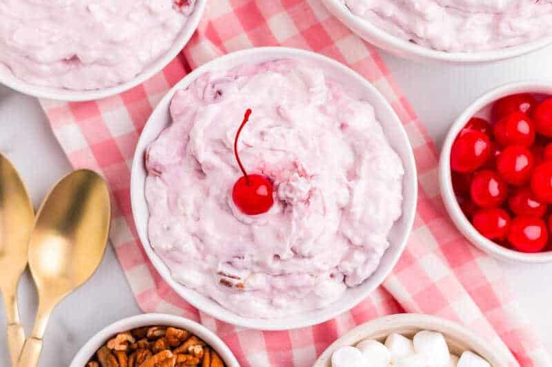 top-down view of the Cherry Fluff served in a white bowl.