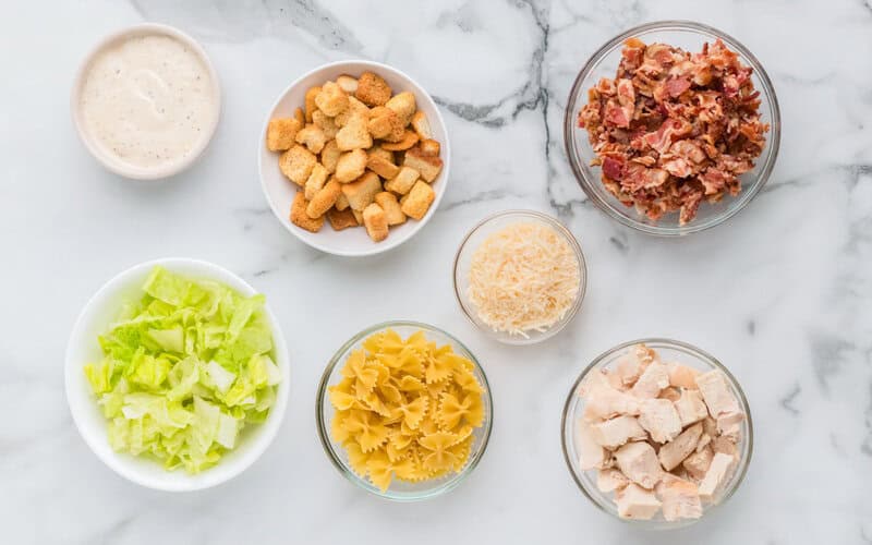 ingredients for the Chicken Ceasar Pasta Salad.
