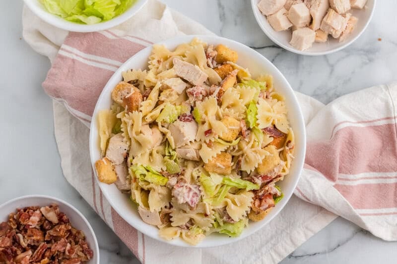 top-down view of the finished Chicken Ceasar Pasta Salad.