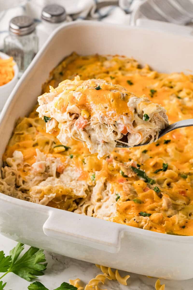 serving the Chicken Noodle Casserole out of the baking dish.