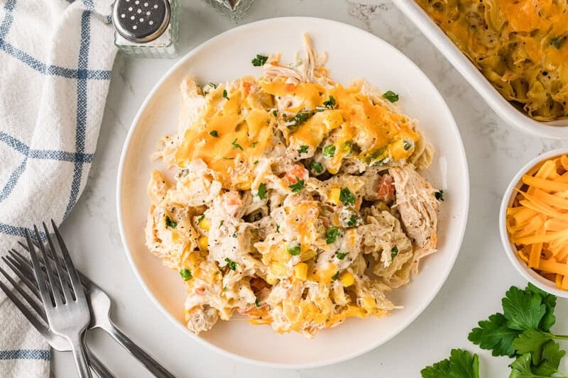 top-down view of the Chicken Noodle Casserole.