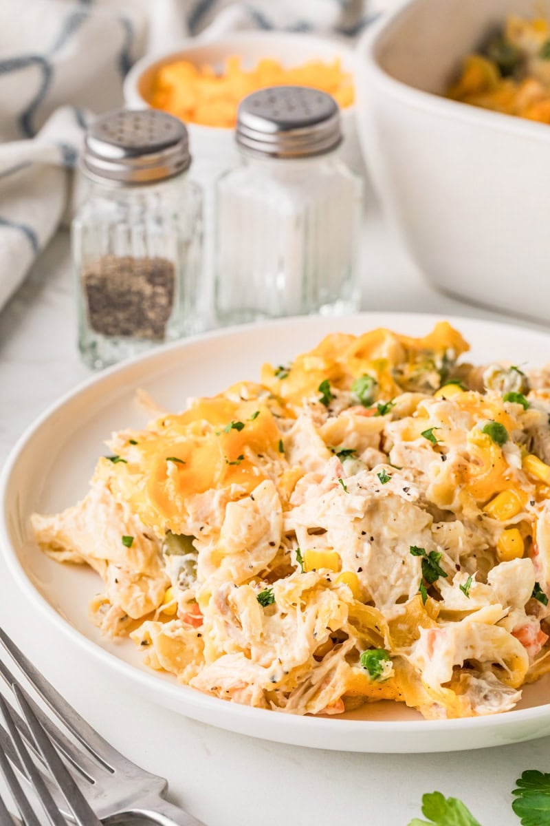 the Chicken Noodle Casserole served on a white plate.