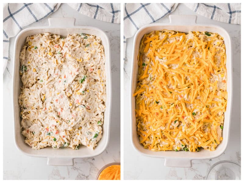 casserole spread in the casserole dish and topped with cheese.
