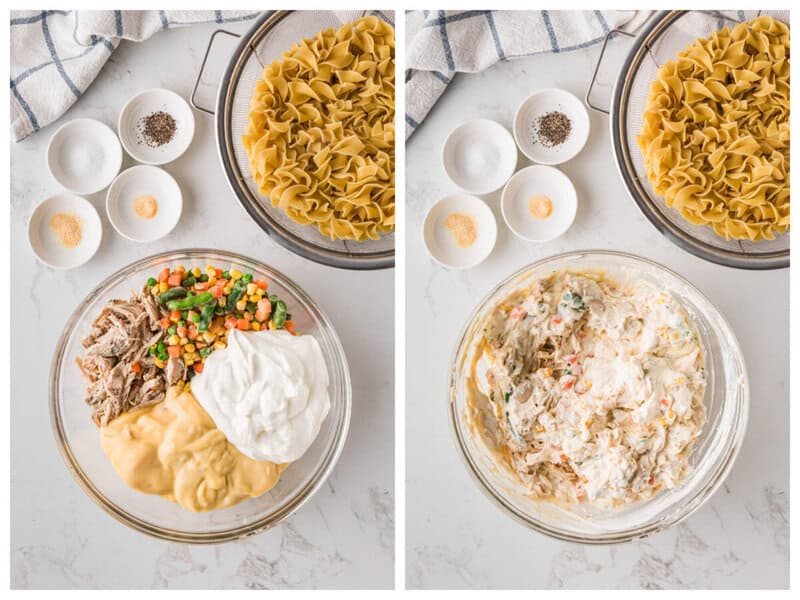 mixing together the soup, sour cream, veggies and chicken.