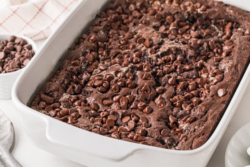 closeup of the baked Chocolate Dump Cake.