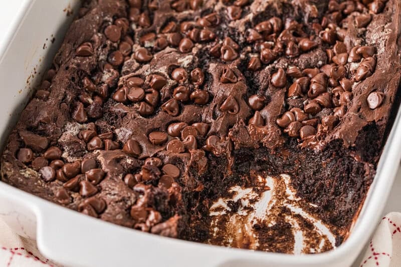 closeup of the Chocolate Dump Cake in the baking dish.