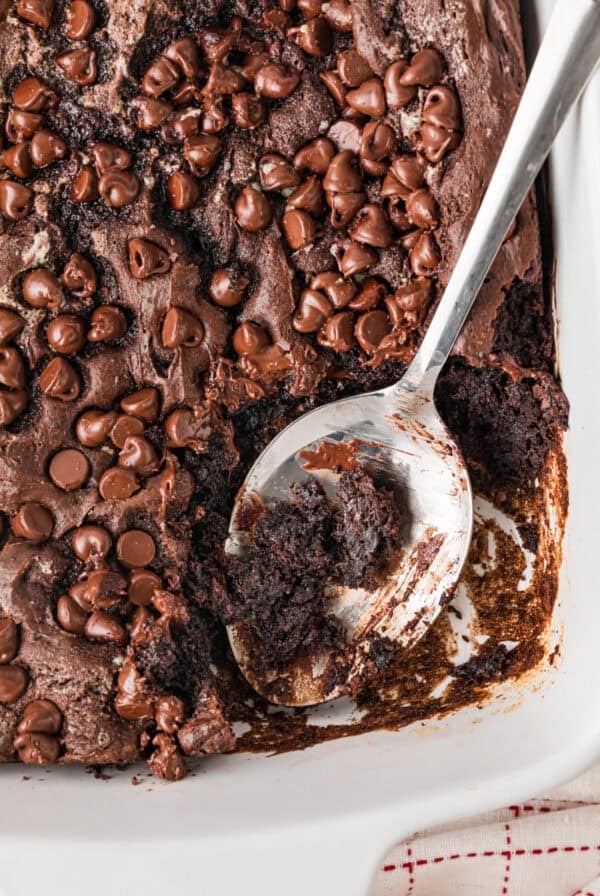 chocolate dump cake with a spoon