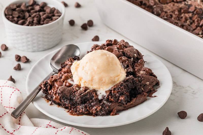 serving of the Chocolate Dump Cake with vanilla ice cream.