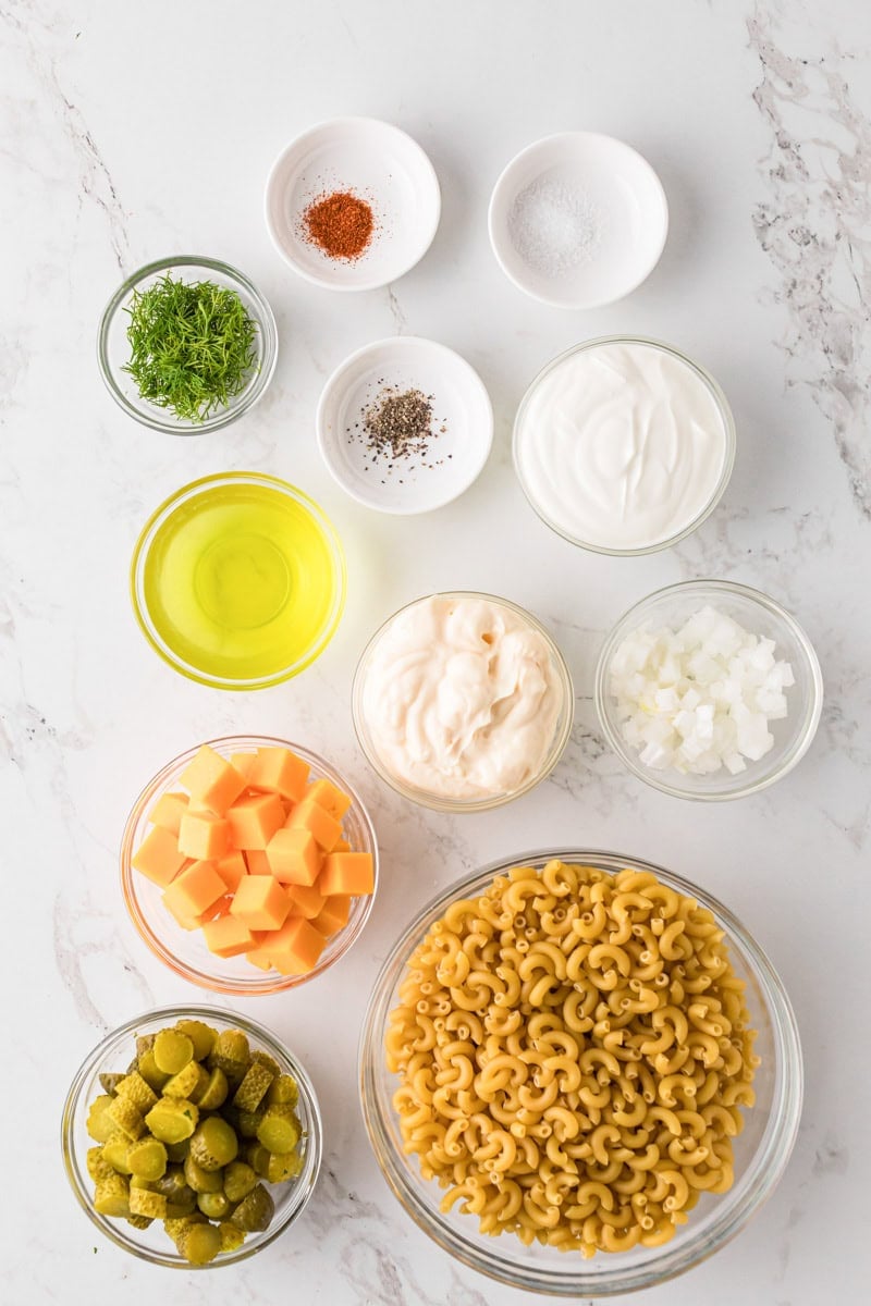 ingredients for the Pickle Pasta Salad.